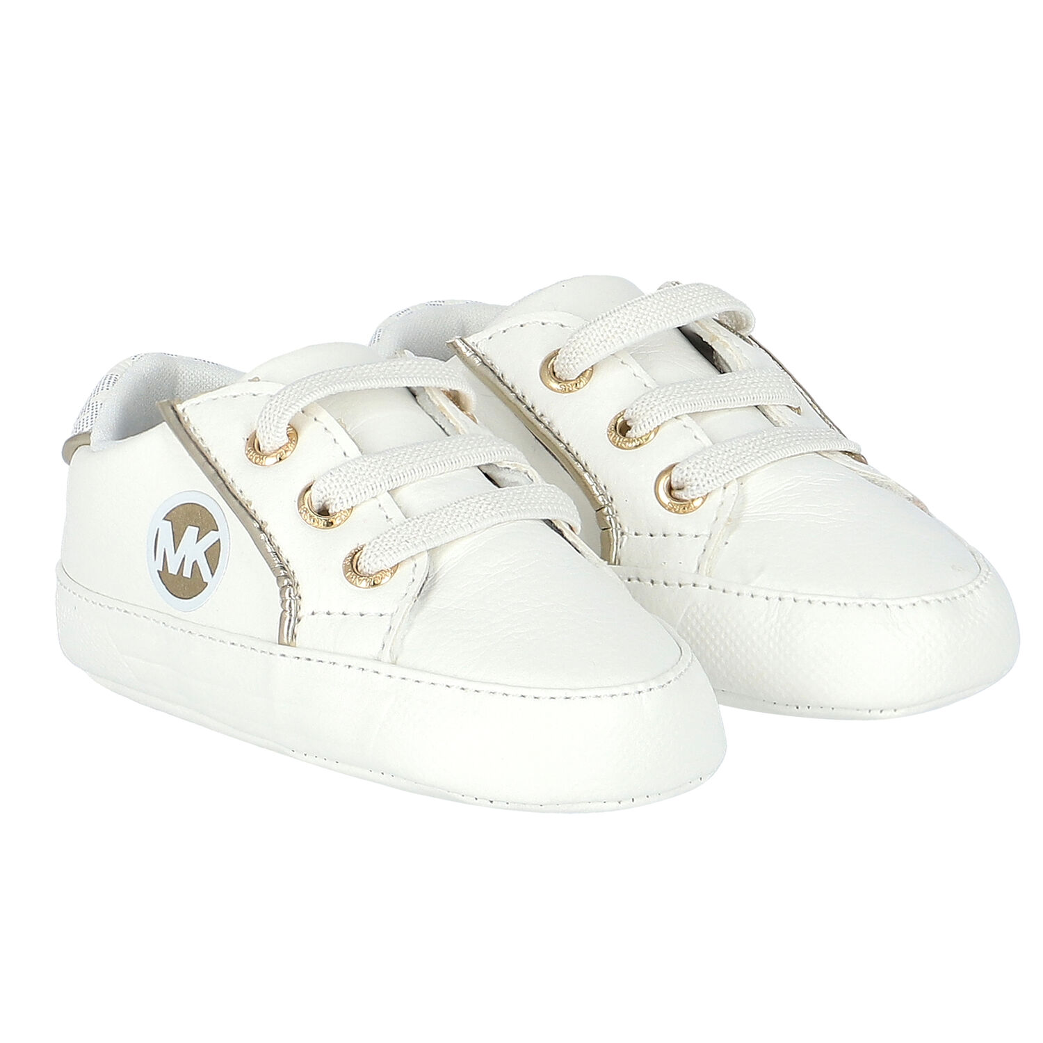 White & Gold Logo Baby Trainers, 1, hi-res