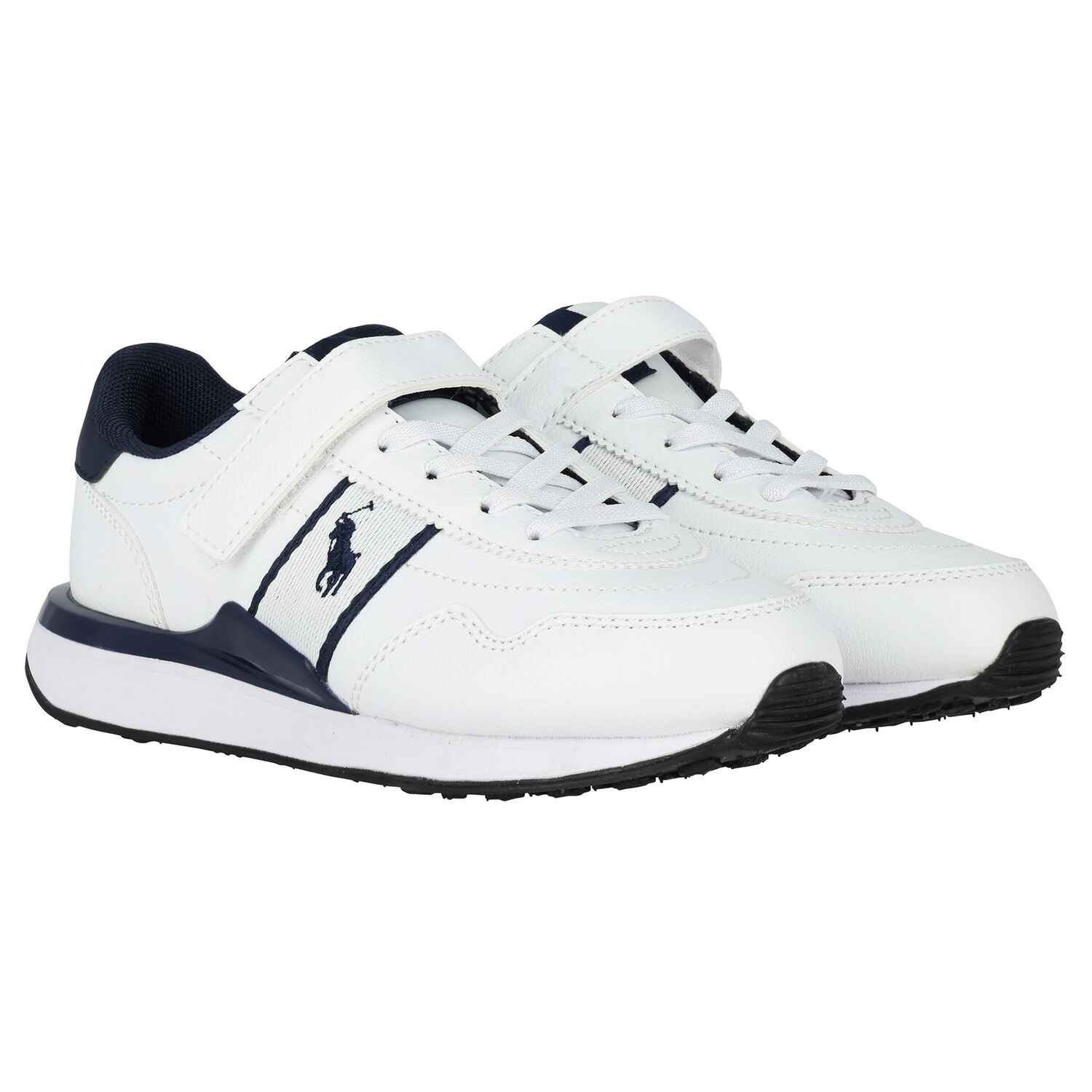 Boys White & Navy Blue Logo Trainers, 1, hi-res