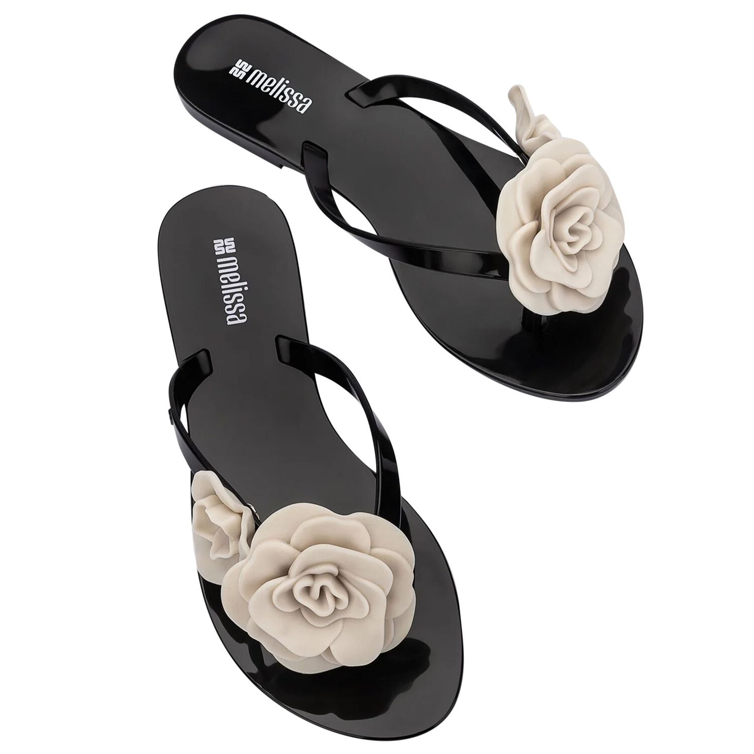 Girls Black & Beige Logo Flower Flip Flops, 2, hi-res
