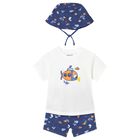 Younger Boys White & Blue Shorts & Hat Set, 2, hi-res
