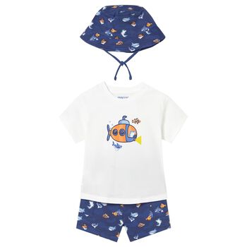 Younger Boys White & Blue Shorts & Hat Set