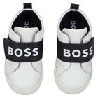 Boys White & Navy Blue Logo Trainers, 1, hi-res