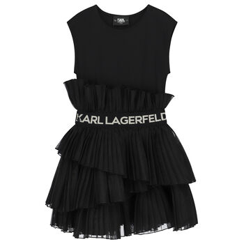 Girls Black Logo Pleated Organza Dress