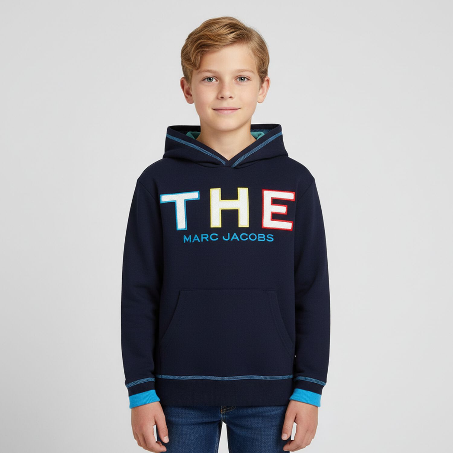 Boys Navy Logo Hooded Top, 1, hi-res