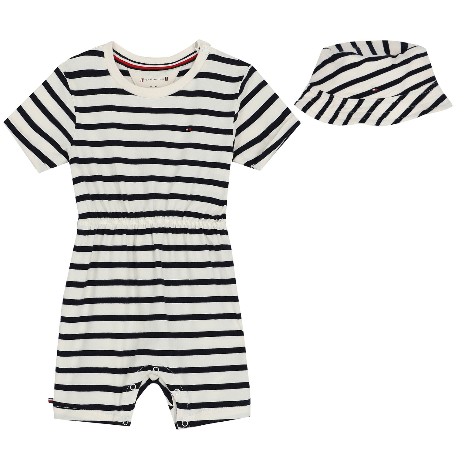 Navy Blue & Ivory Striped Logo Romper & Hat Baby Set, 1, hi-res