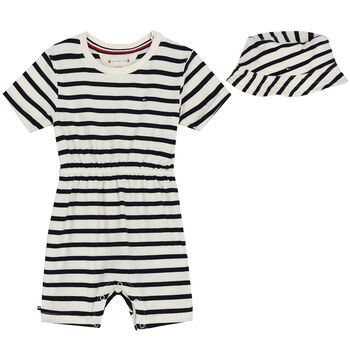 Navy Blue & Ivory Striped Logo Romper & Hat Set