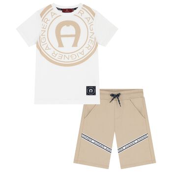 Boys White & Beige Logo Shorts Set