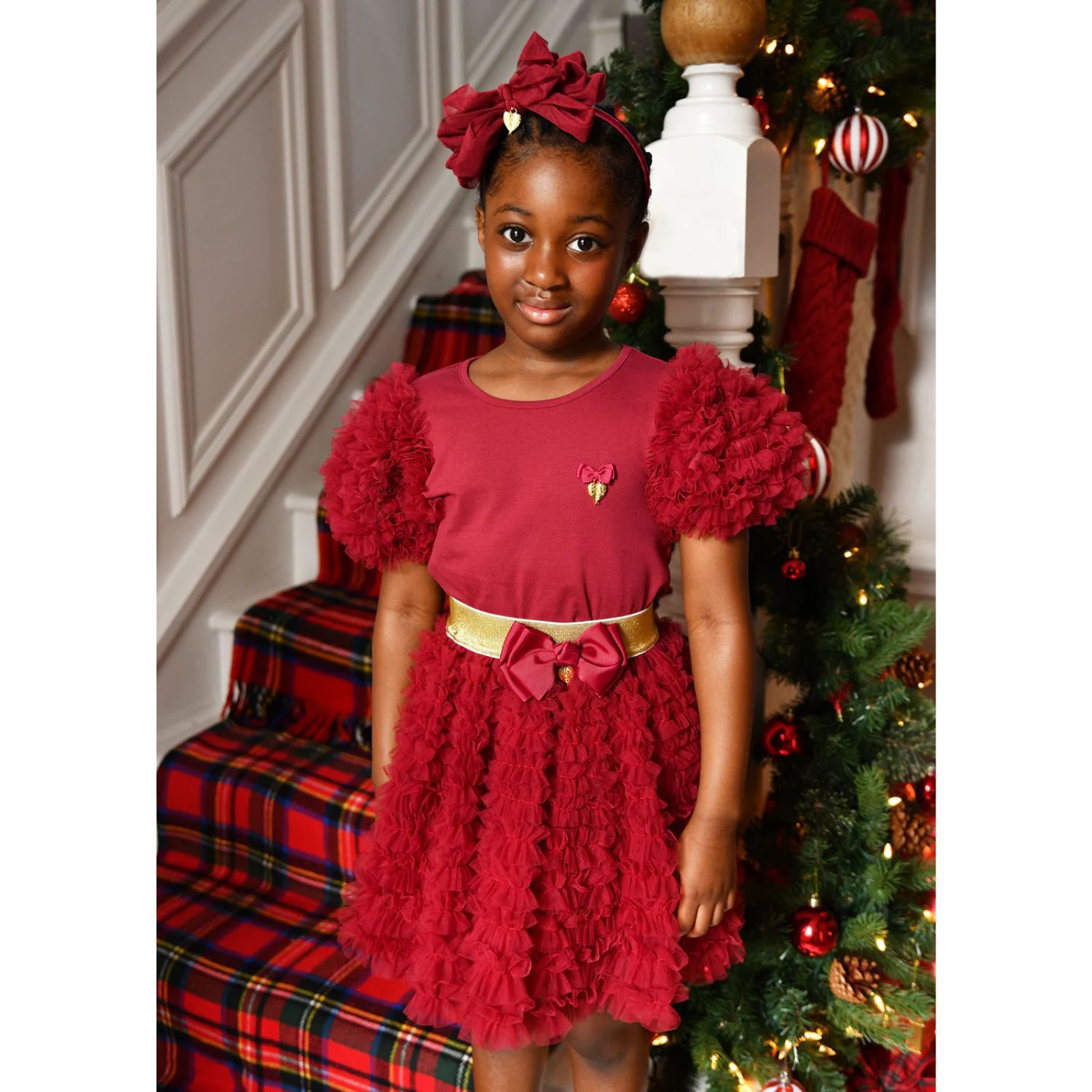Girls Burgundy Tulle Sleeve T-Shirt, 3, hi-res image number null