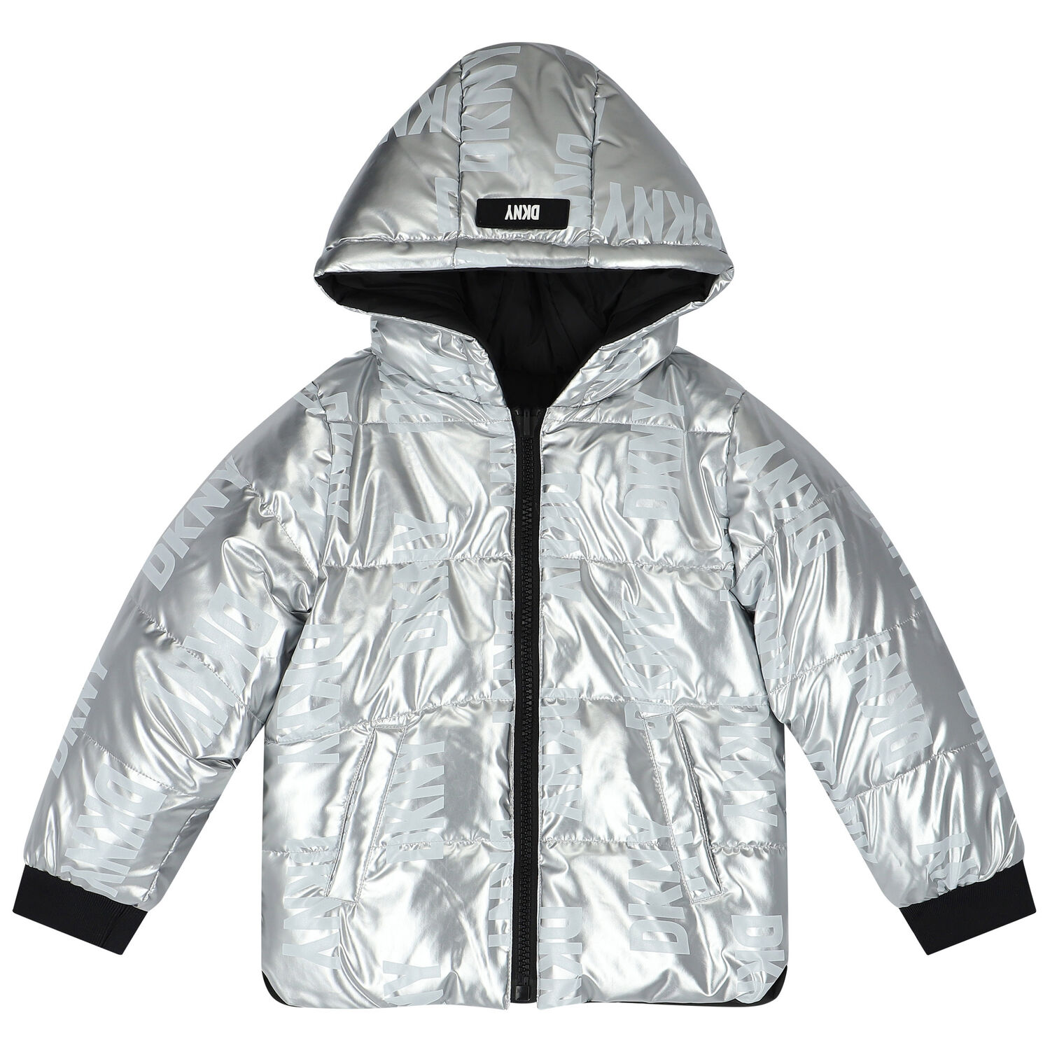 Girls Silver & Black Logo Reversible Puffer Jacket, 1, hi-res image number null