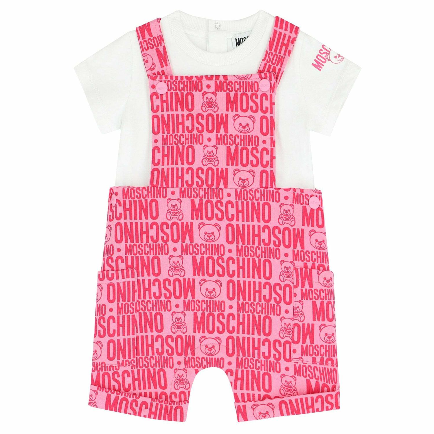 White & Pink Top & Dungaree Set, 3, hi-res
