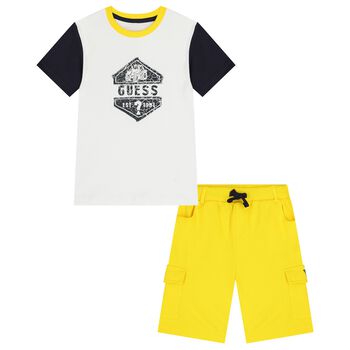 Boys White & Yellow Logo Shorts Set