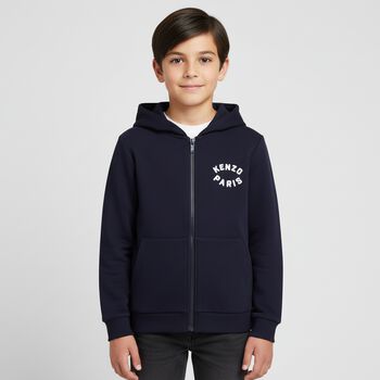 Boys Navy Blue Logo Hooded Zip Up Top