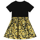 Younger Girls Black & Gold Barocco Logo Dress, 1, hi-res