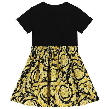 Younger Girls Black & Gold Barocco Logo Dress