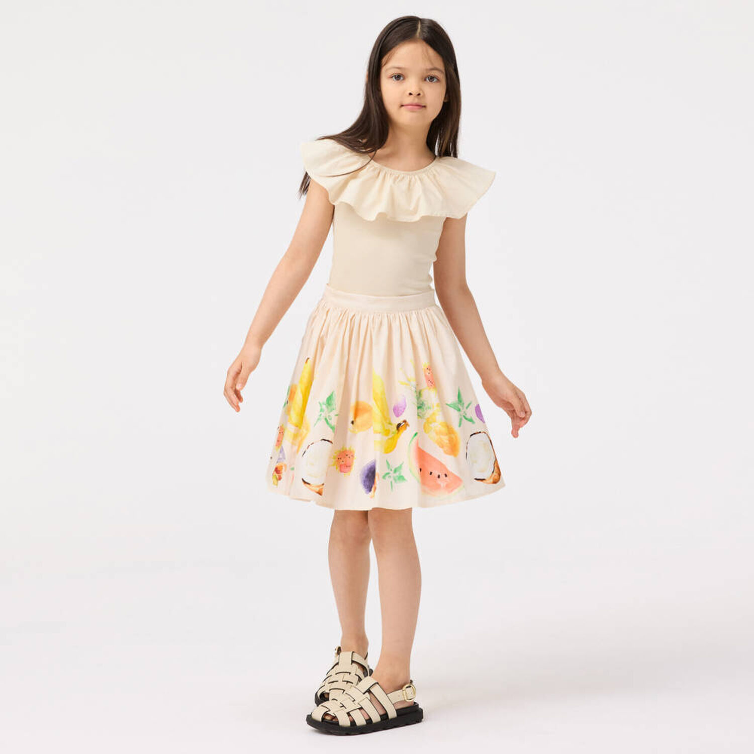Girls Beige Ruffled Collar T-Shirt, 1, hi-res image number null