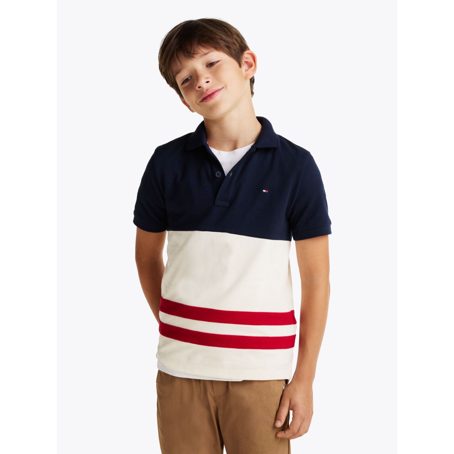 Boys Navy Blue, Beige & Red Polo Shirt, 1, hi-res