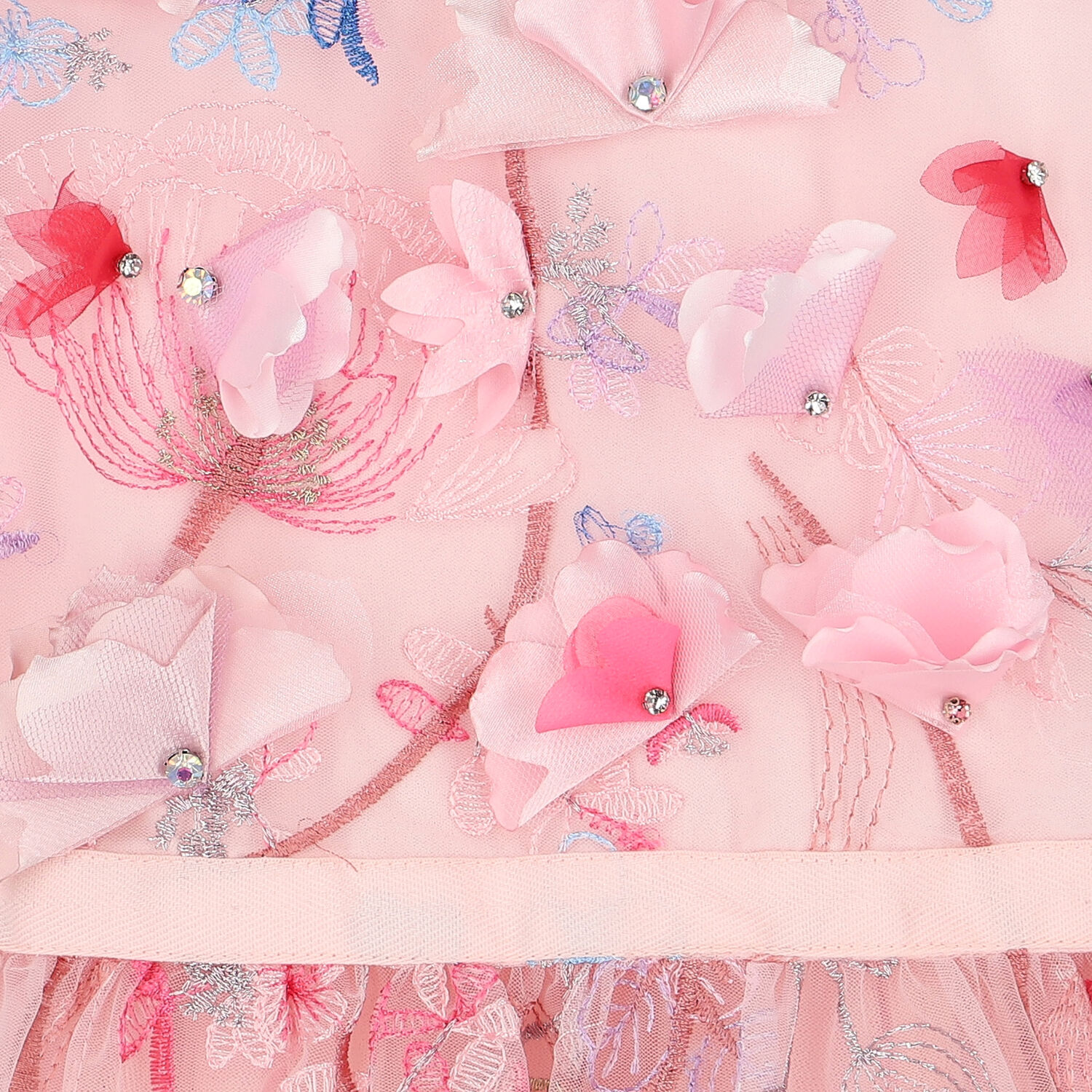 فستان بنات تول مطرز باللون الزهري, 1, hi-res