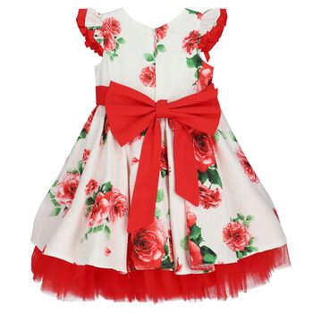 فستان بنات بطبعة الزهور باللون العاجي والأحمر