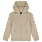 Boys Beige Logo Zip Up Hooded Top, 1, hi-res