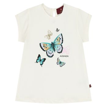 Younger Girls Ivory Butterflies Logo T-Shirt