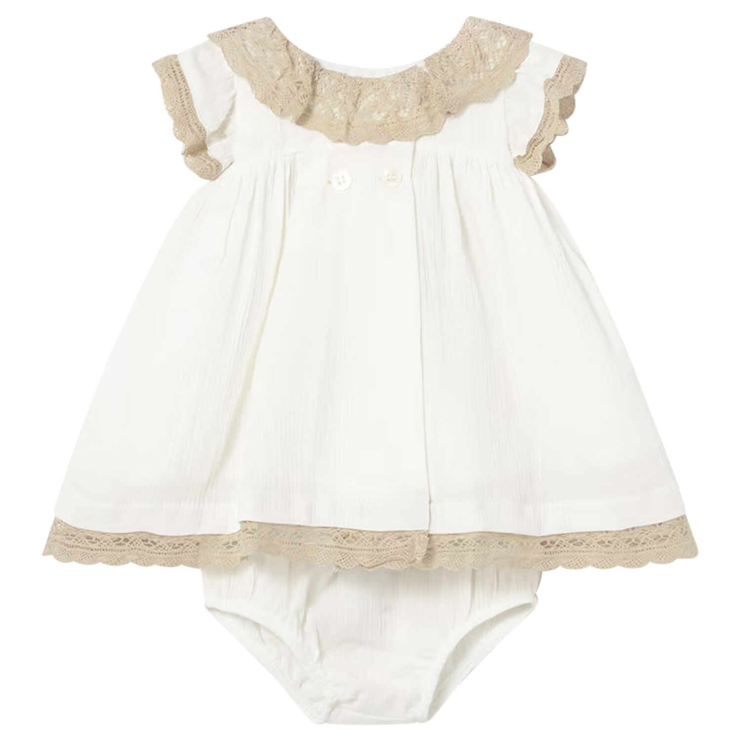 Baby Girls Ivory & Beige Lace Dress, 1, hi-res