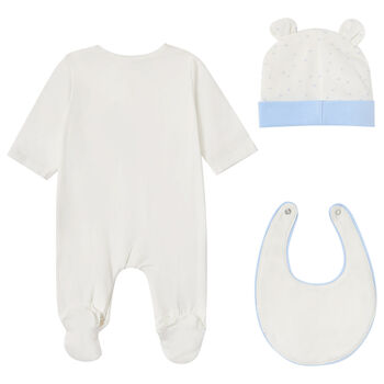 Boys Ivory & Blue Babygrow, Hat & Bib Set