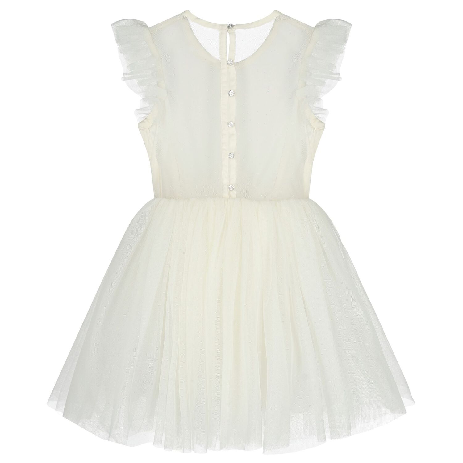 Girls White Embellished Ruffled Tulle Dress, 1, hi-res