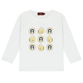 Girls White Logo Long Sleeve Top