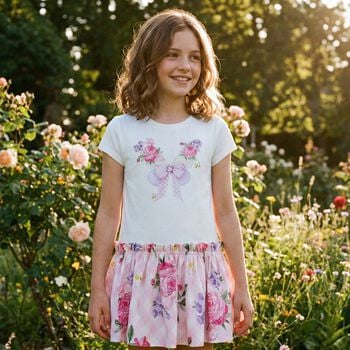 Girls White & Pink Floral Dress