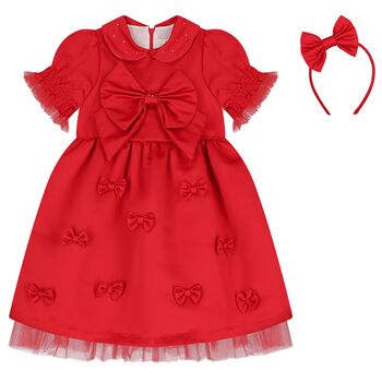 Girls Red Bow Satin Dress & Hairband Set
