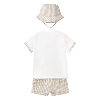 Baby Boys White & Beige Striped Shorts & Hat Set
