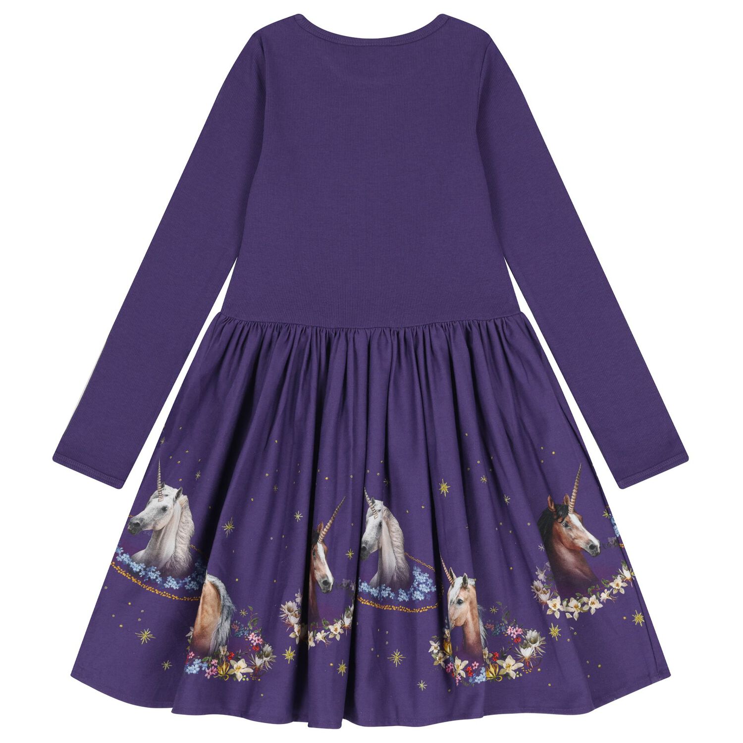 Girls Purple Unicorn Long Sleeve Dress , 1, hi-res