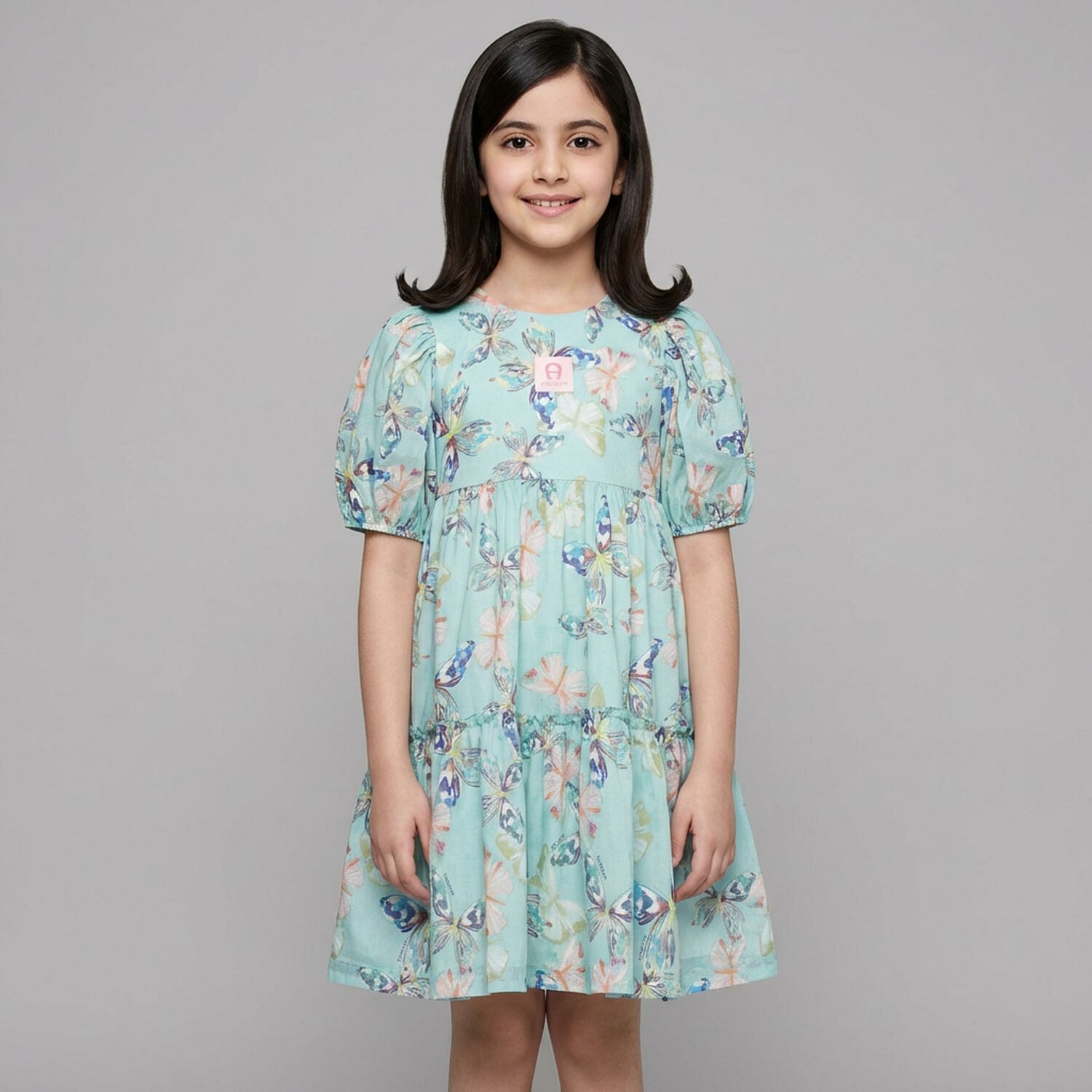 Girls Blue Butterflies Logo Dress , 2, hi-res