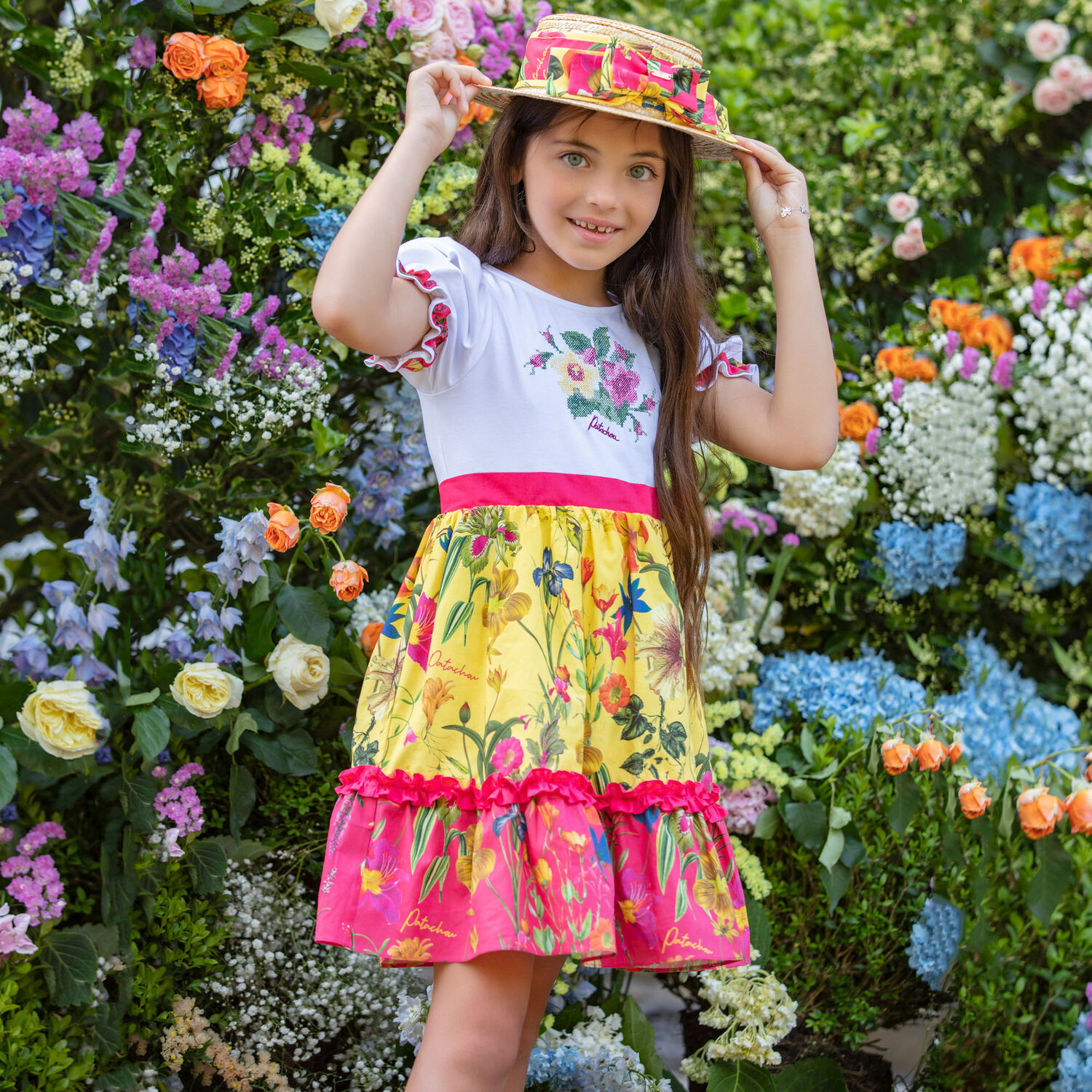 فستان بنات بالزهور باللون الابيض والاصفر, 1, hi-res