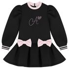 Girls Black Embellished Bow Dress, 1, hi-res