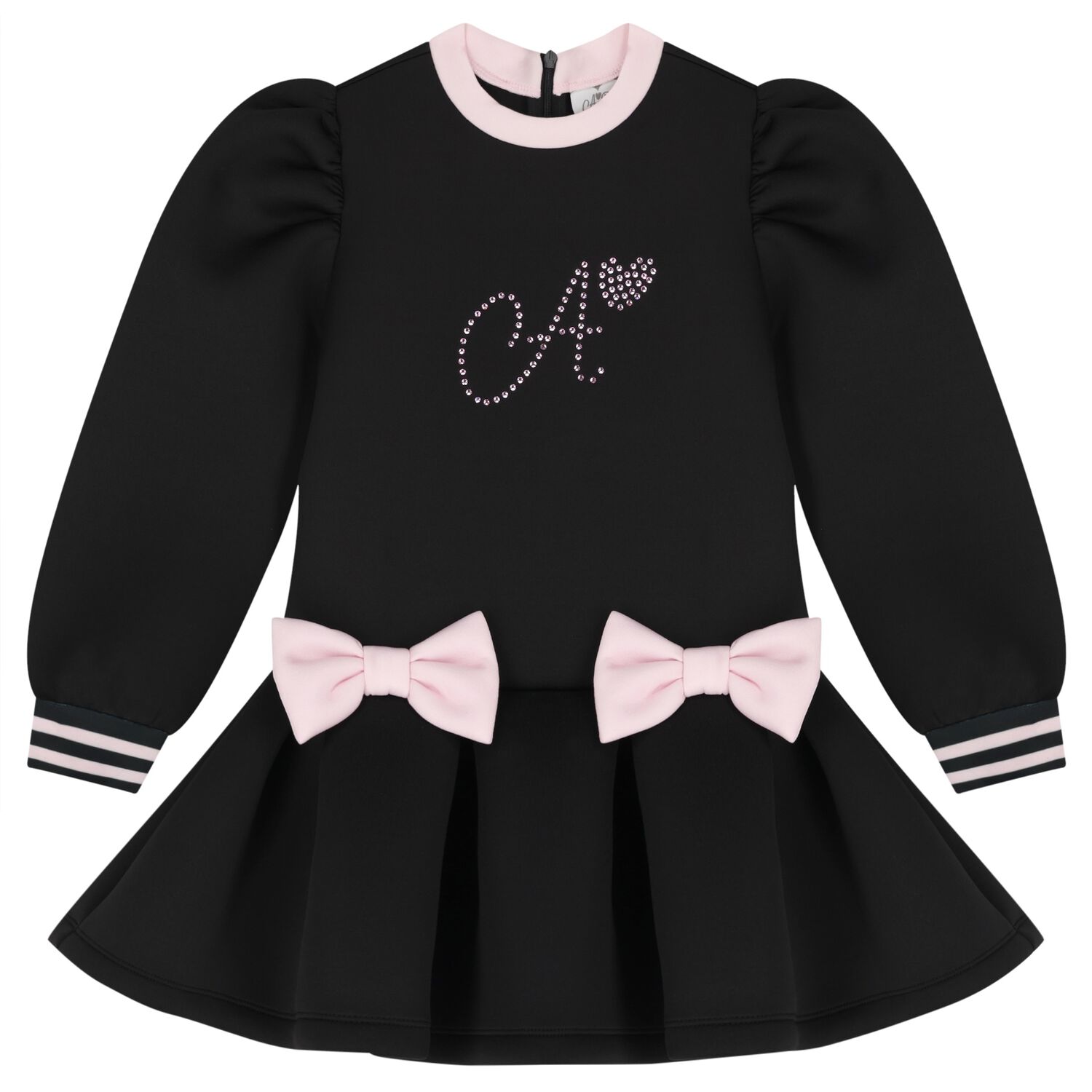 Girls Black Embellished Bow Dress, 1, hi-res