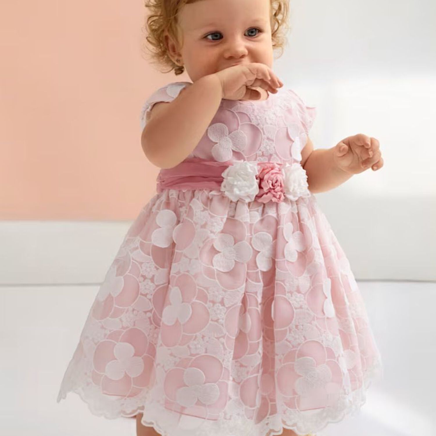 Younger Girls White & Pink Embroidered Organza Dress, 1, hi-res