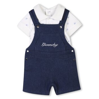 Baby Boys White & Navy Blue Dungaree Set