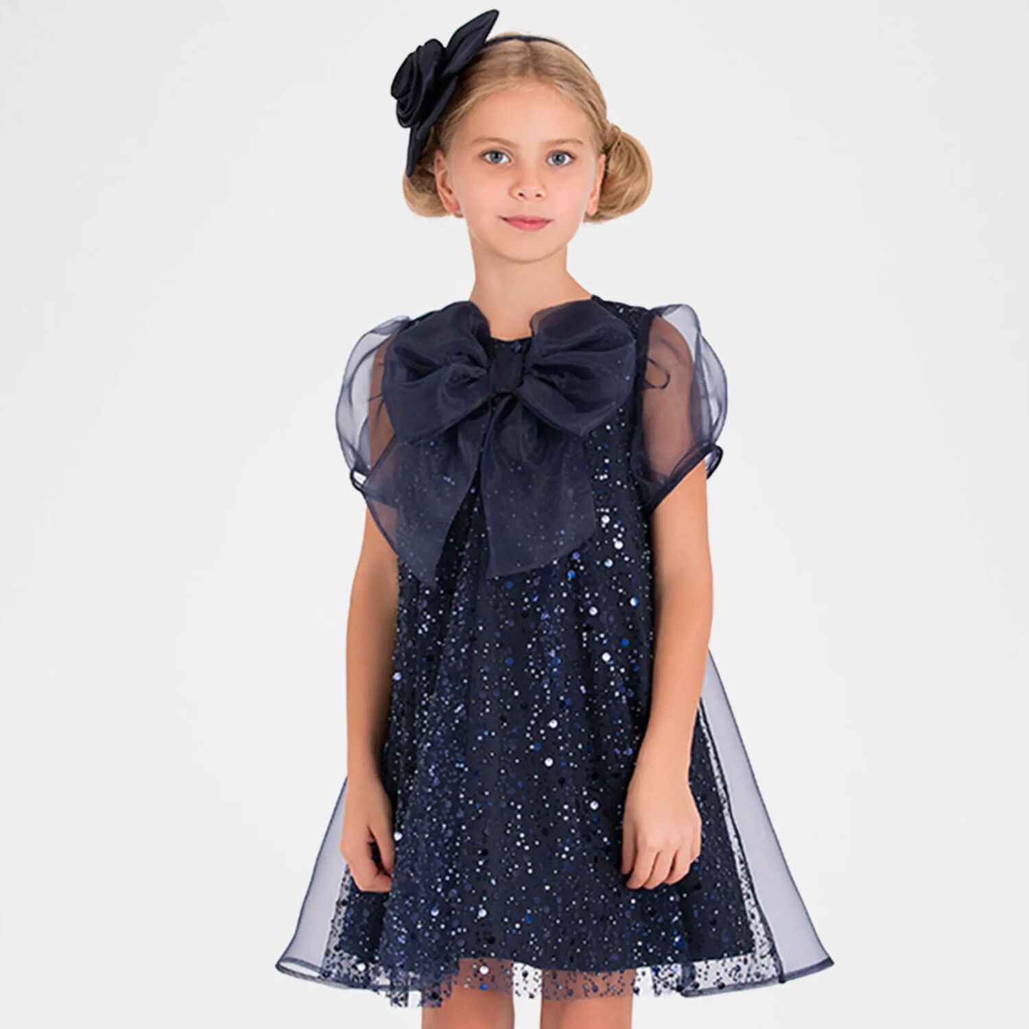 Girls Navy Blue Chiffon & Tulle Sequin Dress, 1, hi-res image number null