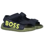 Boys Navy Blue & Green Logo Sandals, 2, hi-res