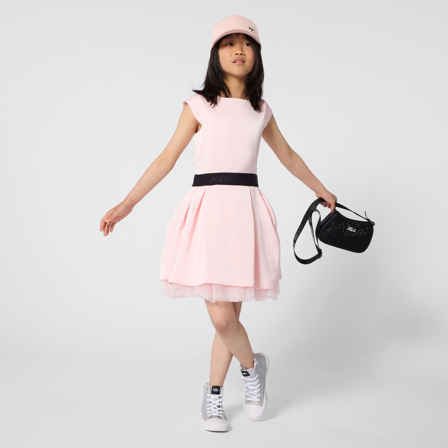 Girls Pink Satin Logo Dress, 1, hi-res