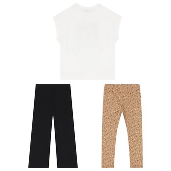 Girls Ivory, Beige & Black Leggings Set