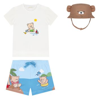 Mayoral Baby Boys White, Blue & Brown Bear Swim Set, 3 Baby Boys White, Blue & Brown Bear Swim Set