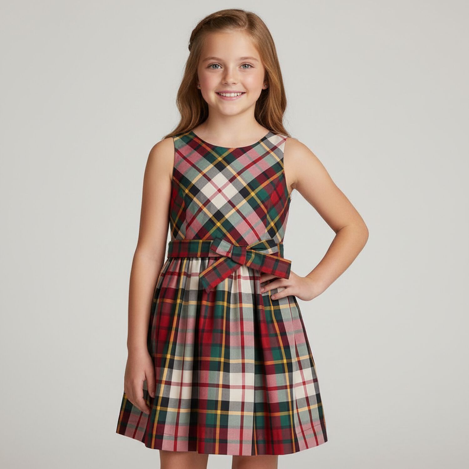 Girls Red & Green Tartan Satin Dress, 1, hi-res