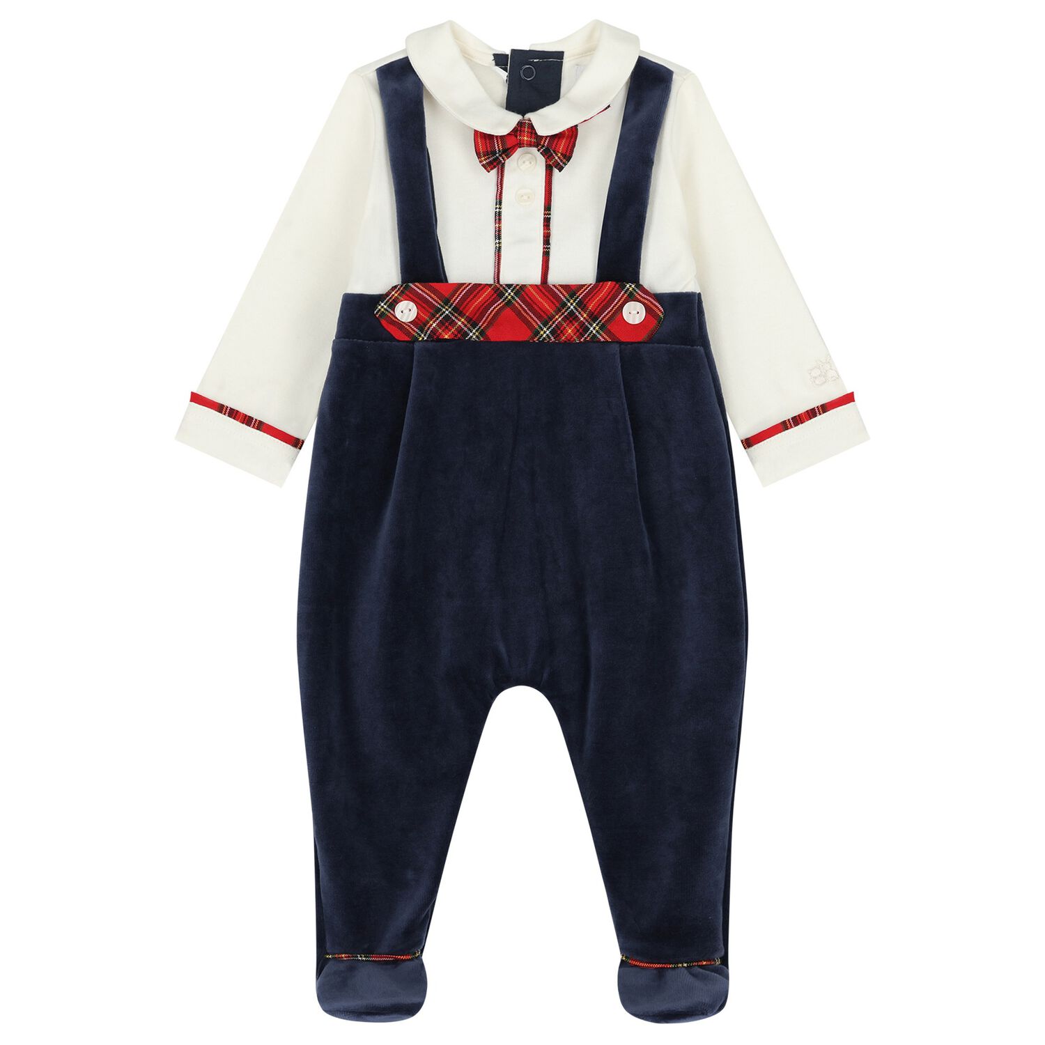 Baby Boys Ivory & Navy Blue Velour Babygrow, 1, hi-res