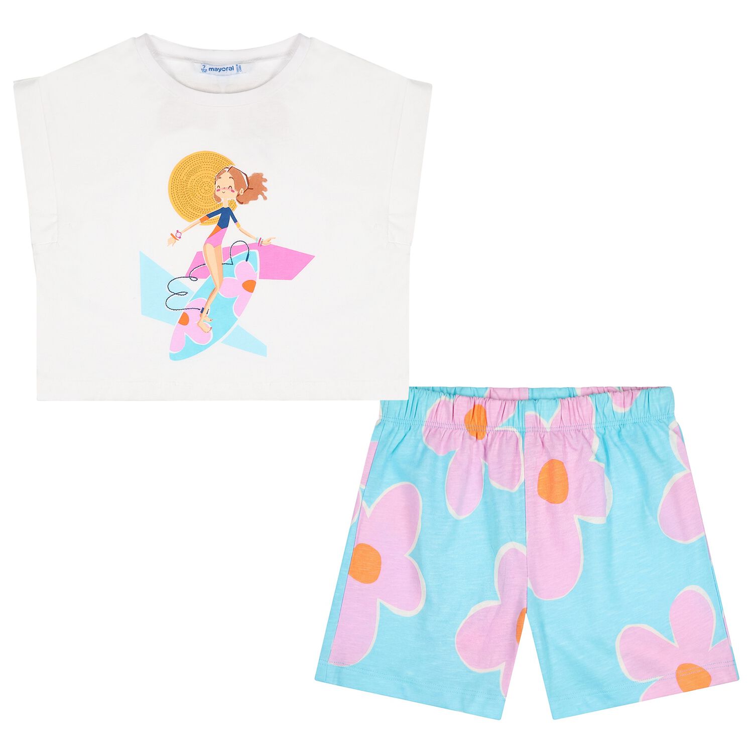 Girls White & Aqua Floral Shorts Set, 2, hi-res