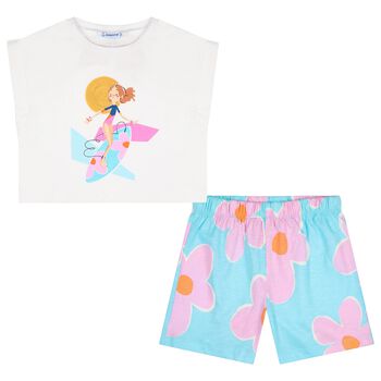 Girls White & Aqua Floral Shorts Set