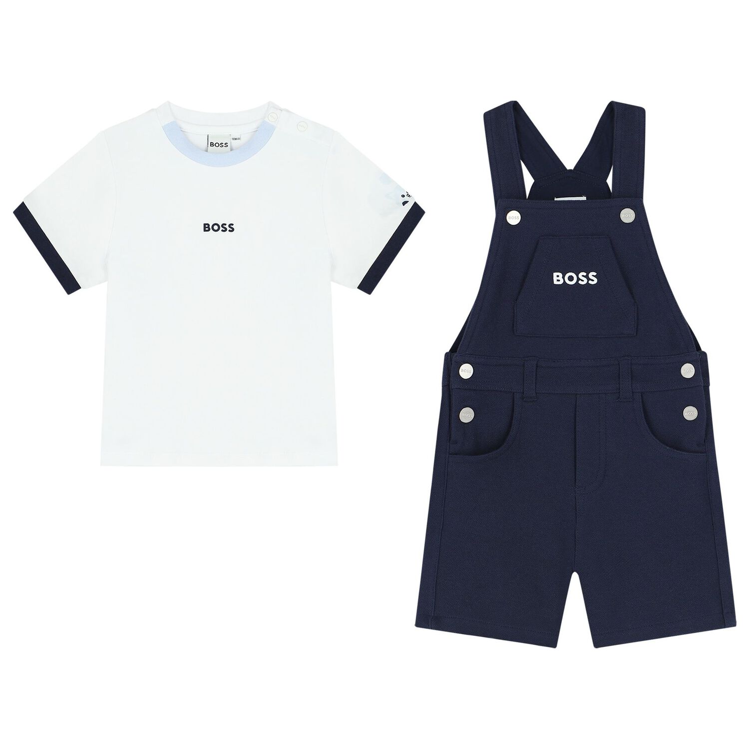Baby Boys White & Navy Blue Logo Dungaree Set, 2, hi-res