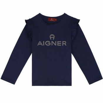Girls Navy Blue Long Sleeve Logo Top