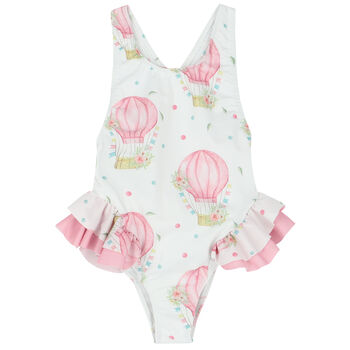 Girls White & Pink Balloons Swimsuit